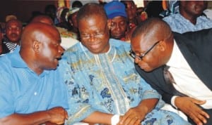 L-R: Guest Speaker, Prof. Samuel Egwu, Chairman, pdp Plateau Chapter, Dr Haruna Dabin and representative of the secretary to the State Government, Mr Kwamkur Samuel, during a symposium on the role of labour towards 2015 election for good governance in Jos, recently. Photo: NAN.