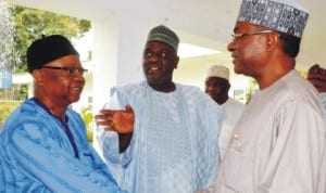 L-R: Representative of the Director-General, National Emergency Management Agency (nema), Mr Eugene Eze, Deputy Governor of Bauchi State, Alhaji Sagir Saleh and Governor Isa Yuguda, at the presentation of relief materials by nema to Bauchi State Government in Bauchi, yesterday. Photo: NAN