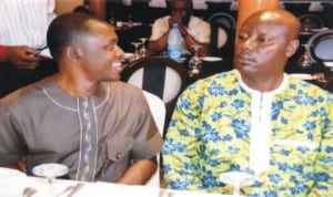 Rivers State Chairman, Nigeria Union of Journalists (NUJ), Mr Opaka Dokubo (right) listening to the Deputy Speaker, Rivers State House of Assembly, Hon Leyii Kwanen, at the celebration of 50th birthday of a Rhythm Editor, Mr Ruskin Amadi, at Le Meridien Hotel, Port Harcourt, last Monday. Photo: Chris Monyanaga