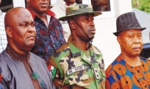 L-R: nema South-East Zonal coordinator, Dr Bandele Onimode, representative of the Commander, 103 battalion, Nigerian Army, Enugu,  Murtala Bature and representative of Enugu State Governor, Mr Joe Offor, during nema disaster management workshop in Enugu, recently. Photo: NAN