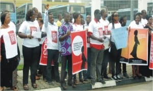  Members of the Civil Society of Niger Delta region protesting in Port Harcourt on Wednesday for the immediate release of 210 students of Borno State abducted  by Boko Haram.