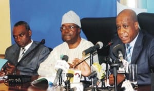 R-L: Director of Engineering, Lagos State Ministry of Waterfront Infrastructures Development, Mr Tosin Igun, Permanent Secretary, Mr Taiwo Adedeji  and Commissioner, Prince Adesegun Oniru, briefing newsmen on the activities of the Ministry in Lagos, last Friday. Photo: NAN.