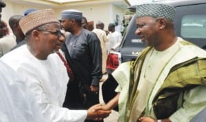 L-R: FCT Minister, Senator Bala Mohammed (left), welcoming Vice President Namadi Sambo, during the three-day prayer for the late mother of FCT Minister, in Bauchi last Saturday.