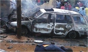 One of the burnt cars during yesterday’s Muslims, Christians clash in Kaduna State