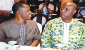 Rivers State Chairman, Nigeria Union of Journalists (NUJ), Mr Opaka Dokubo (right) listening to the Deputy Speaker, Rivers State House of Assembly, Hon Leyii Kwanee, during the 50th birthday celebration of Mr Ruskin Amadi in Port Harcourt, recently. Photo: Chris Monyanaga