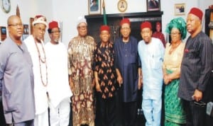 Abia State Governor Theodore Orji (middle), Chairman, Igbo Leaders of Thought, Prof. Ben Nwabueze (4th-right) and others, during a courtesy visit by Igbo Leaders of Thought to Abia State Government House in Umahia, last Sunday.