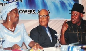 L-R: Minister of Water Resources, Mrs Sarah Ochekpe, member, Benin/Owena River Basin Development Authority, Mr Victor Emuakhagbon and Chairman, Upper Benue River Basin Development Authority, Mr Clifford Ordia, at the retreat for boards and managements of River Basin Development Authorities in Abuja last Monday.