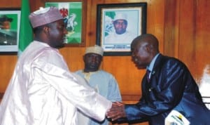 Governor Mukhtar Yero of Kaduna State (left), receiving the Acting Controller, Central Bank of Nigeria (Cbn), Alhaji Garba Abdulrahman, during the visit of Cbn officials to the Governor in Kaduna, last Monday .