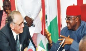 United Nations Deputy Secretary-General, Mr Jan Eliasson (left), with the Senate President David Mark, during his visit to the Senate President in Abuja, recently.