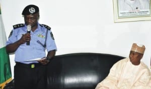 New AIG in charge of Zone Ten, Mr Bala Hassan (left), briefing Governor Saidu Dakingari of Kebbi during his familiarisation visit to Birnin Kebbi, yesterday.