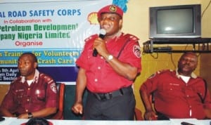 L-R: Federal Road Safety Commission Zonal Commander, RS9HQ, Mr Kehinde Adeleye, Enugu State Sector Commander, Mr Fumibi Olawoyin and representative of FRSC Academy, Mr Victor Jegede, at the training for accidents emergency management in Enugu, recently.