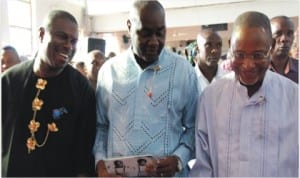 Senator Magnus Abe (middle), Hon. Dakuku Peterside (left) and Sir Celestine Omehia (right) exchanging pleasantries during a ceremony at St Andrew’s Anglican Church, Rumuobiakani, Port Harcourt , recently.