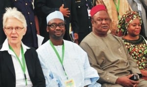 LR: Special Representative of the Secretary-General for Disaster Risk Reduction, Margaretta Wahlsrom; Director-General, National Emergency Management Agency (NEMA), Alhaji Muhammed Sidi; Secretary to the Government of the Federation, Sen. Anyim Pius Anyim and Minister of State for FCT, Oloye Olajumoke Akinjide, at the 5th Regional Platform for Disaster Risk Reduction in Abuja On Tuesday