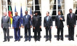 L-R: British Foreign Affairs Secretary, Mr William Hague, President Mahamadou Issoufou of Niger Republic, President Idris Deby of Republic of Chad, President Goodluck Jonathan, President Francois Hollande of France, President Paul Biya of Cameroon and President Boni Yayi of Benin Republic, at the Paris Summit for security in Nigeria at the Elysee Palace in Paris, last Saturday.