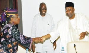 L-R: Minister of Finance, Dr Ngozi Okonjo-Iweala, former Head of Civil Service of the Federation, Mr Stephen Oronsaye and Vice President Namadi Sambo, during the meeting of Financial Action Task Force Committee in Abuja last Friday.