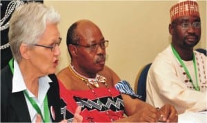 L-R: Head United Nations Office for Disaster Risk Reduction, Margareta Wahlstrom; Deputy Prime Minister Swaziland, Paul Dlamini and  Director General, National Emergency Management Agency (NEMA), Alhaji Muhammed Sidi, addressing a news conference at the end of 5th African Regional Platform for Disaster Risk Reduction in Abuja last Friday.