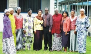 Newly elected President of Nigerian Association of Women Journalists (NAWOJ), Mrs Ifeyinwa Omowole (5th left), and the executive officers, during their visit to News Agency of Nigeria in Lagos, yesterday