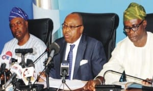 L-R: Special Adviser to Lagos State Governor on Housing, Mr Jimoh Ajao, Commissioner for Housing, Mr Bosun Jeje and Commissioner for Information and Strategy, Mr Lateef Ibirogba, at a news conference by the Commissioner for Housing on the activities of the ministry in Lagos, recently.