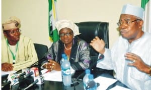 L-R:  Permanent Secretary, Ministry of Environment, Mr Taye Haruna, Minister of Environment, Mrs Laurentia Mallam and Retired Lt.-Gen. Theophilus  Danjuma, during the inaugural meeting with officials of  T.Y. Holdings Limited and the Nigerian  Conservation Foundation on private sector participation in the management of National Parks in Nigeria in Abuja, recently. Photo: Nan