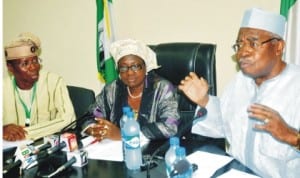 L-R: Permanent Secretary, Ministry of Environment, Mr Taye Haruna, Minister of Environment, Mrs Laurentia Mallam and Retired Lt.-Gen. Theophilus Danjuma, during the inaugural meeting with officials of T.Y. Holdings Limited and the Nigerian Conservation Foundation on private sector participation in the management of National Parks in Nigeria in Abuja, recently. Photo: Nan