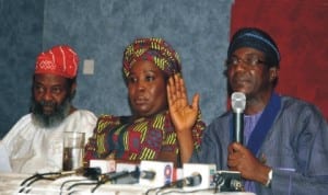 L-R: Senator Femi Kila, Vice President, Nigeria Society of  Engineers, Corporate Resources and Media, Mrs Margaret Oguntala and NSE President, Mr Ademola Olorunfemi, at the first quarterly news conference of the society in Abuja last Friday.