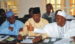 L-R: Gombe State Commissioner of Environment  Mr Idris Mahdi and his counterparts from Bauchi and Zamfara States Messres Mahiru Wundi and  Mouktar Lugga respectively, during the meeting of Commissioners for Environment in Eleven Frontline States in Abuja, recently. Photo: NAN