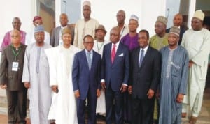 Governor Emmanuel Uduaghan of Delta State (3rd-right), Deputy Governor, Prof. Amos Utuama (4th-right), Head of Service, Sir Paul Erverherhe, and members of the National Council on Establishment Committee on the review of request of medical and Delta officers and other health professionals in Asaba last Monday. Photo: NAN