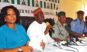 L-R: Deputy Director, Department of Security Service (DSS), Mrs Marilyn Ogar, Director-General, National Orientation Agency (NOA), Mr Mike Omeri, Director, Defence Information, Maj.-Gen. Chris Olukolade and Force Public Relations, Mr Frank Mba, at the news conference on security in Abuja, yesterday.