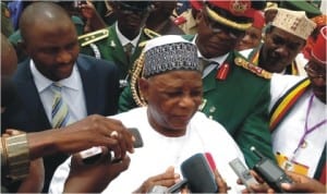 Minister of Defence, Retired Gen. Aliyu Gusau, addressing newsmen after attending 60th anniversary of the Nigerian Military School in Zaria, yesterday