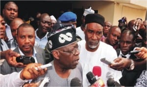 APC Chieftain, Asiwaju Bola Tinubu (left) with Governor Murtala Nyako of Adamawa State, speaking with newsmen, during the APC National Executive Committee Meeting in Abuja, yesterday