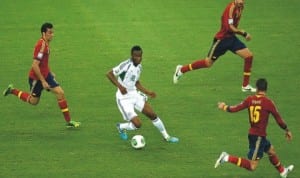 Super Eagles Mikel Obi (10) in action against the Spanish national team La Roja, during the last FIFA Confederation Cup in Brazil