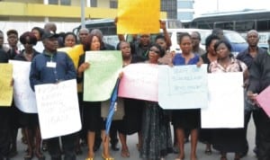 Members of Nigeria Union of Teachers (NUT), Rivers State Chapter protesting the abduction of the Chibok Secondary School girls in Port Harcourt, yesterday. Photo: Ibioye Diama