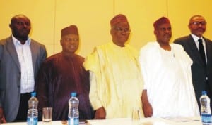 Representative of the Chairman, National Broadcasting  Commission (NBC), Mr Yomi Ayorinde, Chairman, Digiteam Nigeria, Edward Amana, NBC Pioneer Director-General, Dr Tomadaba, Deputy Chairman, Senate Committee on Information, Senator Bello Tukur and NBC Director-General, Mr Emeka Mba, at the Digital Broadcast Summit in Lagos, yesterday.