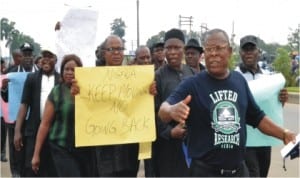 Executive members of Nigeria Union of Teachers (NUT), Rivers State chapter, leading the union’s protest against the abduction of over 200 secondary school girls in Chibok, Borno State, in Port Harcourt, yesterday