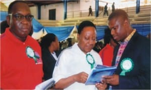 Member of House of Representatives, Hon Dakuku Peterside (right), conferring with the Secretary to Rivers State Government, Mr George Feyii (middle) and Commissioner for Social Welfare and Rehabilitation, Hon Joe Philip Poroma, at the 2014 inter-denominational church service to mark Children’s Day in  Port Harcourt, last Tuesday.