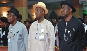 L-R: Former Governor of Rivers State, Chief Rufus Ada-George, former Minister of Culture and Tourism, Alabo Graham-Douglas and Senator Magnus Abe, during the 2nd International Conference on Democracy and Good Governance, at Obi Wali Convention Centre, Chief G.U.Ake Road , Port Harcourt, yesterday