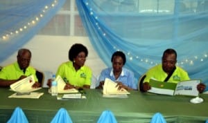 L-R: Chairman, Greater Port Harcourt City Development Authority (GPHCDA) Land Allocation Open Ballot Committee, Rev Precious Onuku,  Administrator, GPHCDA, Dame Aleruchi Cookey-Gam, former Head of Service, Rivers State, Mrs Esther Anucha and Director-General, Rivers State Bureau on Public Procurement, Mr. Franklin Nlerum, during the GPHCDA’s land ballot exercise in Port Harcourt, recently. 