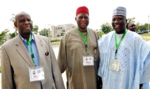 L-R: National Conference delegates, Dr A. B. C. Nwosu, Gen. Ike Nwachukwu (rtd) and Musa Elayo, at the conference last Tuesday.