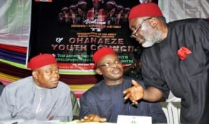 L-R: Gov. Theodore Orji of Abia State, Chairman of the occasion, Lt.-Gen. Azubuike Ihejirika (Rtd) and President General, Ohaneze-Ndigbo, Chief Garry Enwo-Igariwey, at the Inauguration of Ohaneze Youth Council in Enugu recently. Photo: NAN