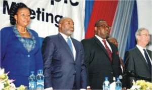 L-R: Executive Director, Mobil Oil Nigeria Plc, Mrs Mayen Adetiba, Company Secretary, Mr Emmanuel Amade, Chairman/Managing Director, Mr Adetunji Oyebanji and Executive Director, Mr Alastair MacNaughton,  at the company’s Annual General Meeting in Lagos, last Wednesday.