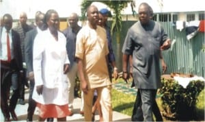 Rivers State Governor, Chibuike Amaechi (middle) with his Special Adviser on ICT, Engr Goodlife Nmekini (right) and Medical Director, BMSH, Dr Kunmi Ijeru, during an inspection of ICT facilities installed in pediatrics unit of BMSH, last Friday in Port Harcourt. Photo: Egberi A Sampson