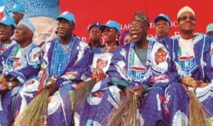 L-R apc Interim National Chairman, Chief Bisi  Akande, Governor Kayode Fayemi of Ekiti State, wife of Ekiti State Governor,  Bisi, apc national leader, Sen. Bola Tinubu and former Head of  State, retired Major-General Muhammed  Buhari, at apc mega rally in  Ado-Ekiti, recently. Photo: NAN 