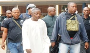 Former  Oyo State chairman, National Union of Road Transport Workers (NURTW) Lamidi Mukaila (Aka Auxiliary) (2nd left) arraigned  at State High Court, Iyaganku in Ibadan yesterday.