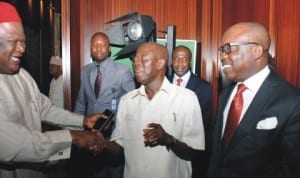  L-R: Secretary to the Government of  the Federation, Senator  Anyim Pius Anyim, Governor  Adam Oshiomhole of Edo State  and Governor  Emmanuel Uduaghan of  Delta State, during the meeting of  President Jonathan with governors from oil producing states in Abuja, recently. Photo: NAN