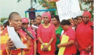 Dr (Mrs) Oby Ezekwesili (left) continuing with her #BringBackOurGirls protest to mount pressure on the Federal Government for th release of the abducted Chibok Girls. Her spontaneous response to the ban place on the protest by Commissioner of Police incharge of Abuja, Mr Mathew Mbu prompted the Nigeria police forces headquarters to issue a counter statement reversing Mbu order