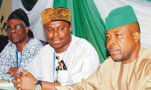 L-R: President, Nigerian Economic Society, Prof. Akin Iwayemi, chairman, House of Representatives Committee on Petroleum Resources (downsream), Rep. Dakuku Peterside and Deputy Speaker, House of Representatives, Chief Emeka Ihedioha, at the third downstream stakeholders conference in Abuja last Monday. Photo: NAN