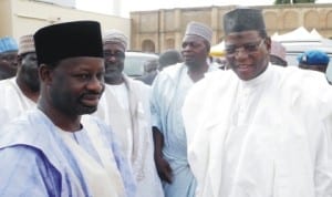 Governor Ibrahim Dankwambo (left) of Gombe State and Governor Sule Lamido of Jigawa State when Governor Lamido paid a condolence visit to Gombe over the death of Emir of Gombe, Alhaji Shehu Abubakar last Wednesday.