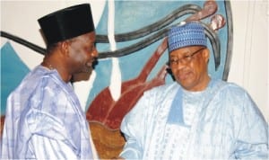 Former Military President, Gen. Ibrahim Babangida (right) being welcomed by Gov. Ibrahim Dankwambo of Gombe State, during his condolence visit to the state over the death of the Emir of Gombe, Alhaji Shehu Abubakar, last Wednesday. Photo: NAN