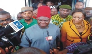  Chief Victor Umeh addressing newsmen at the High Court in Awka, after the sitting of the election petition tribunal on Anambra elections last Wednesday. Photo: NAN