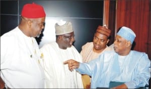 L-R: Minister of Labour, Chief Chukwuemeka Wogu; Minister of Transport, Alhaji Idris Umar; Minister of State for Works, Amb. Bashir Yuguda, Minister of Defence, Gen. Aliyu Gusau (Rtd), at the Federal Exceutive Council Meeting in Abuja last Wednesday 